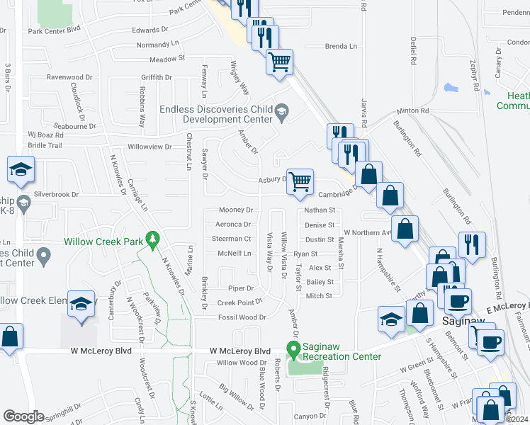 map of restaurants, bars, coffee shops, grocery stores, and more near 445 Vista Way Drive in Saginaw