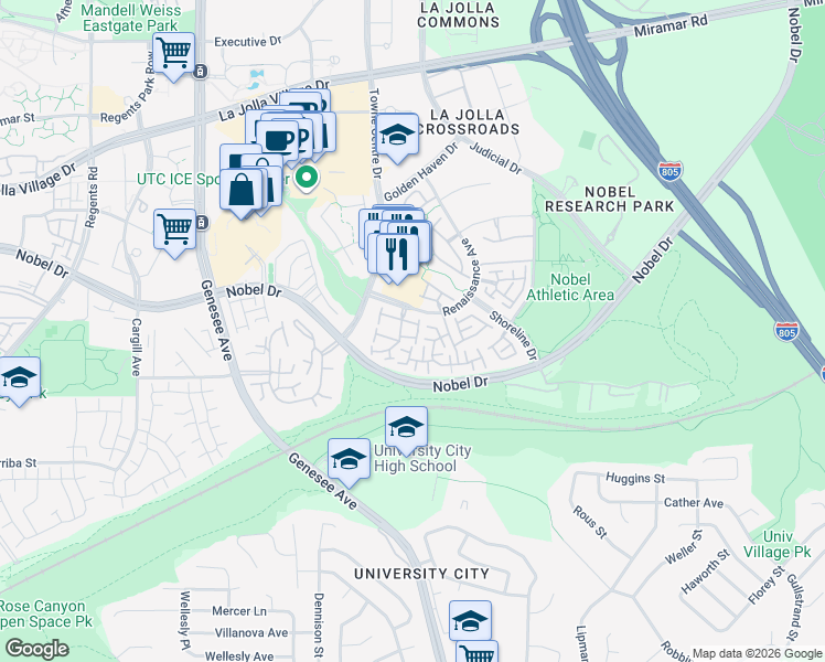 map of restaurants, bars, coffee shops, grocery stores, and more near 5157 Renaissance Avenue in San Diego