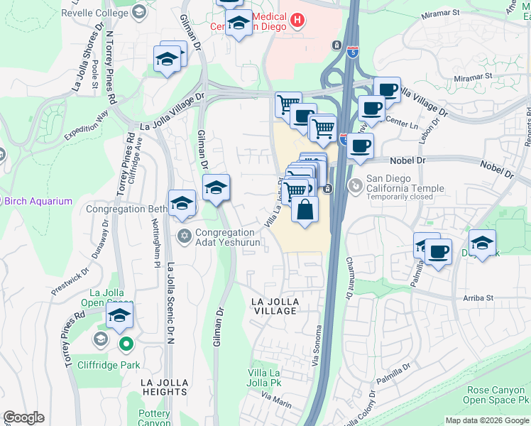 map of restaurants, bars, coffee shops, grocery stores, and more near 8605 Villa La Jolla Drive in San Diego