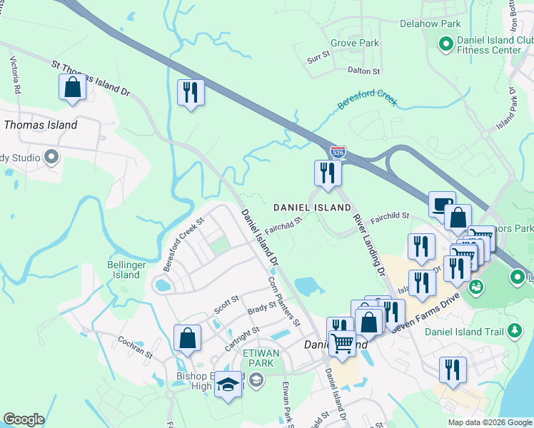 map of restaurants, bars, coffee shops, grocery stores, and more near 125 Fairchild Street in Charleston