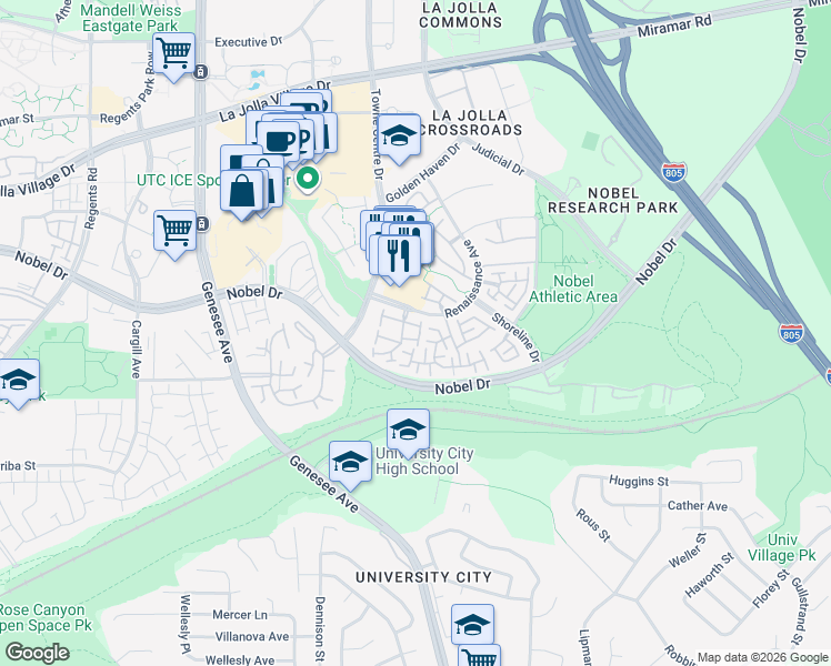 map of restaurants, bars, coffee shops, grocery stores, and more near 5157 Renaissance Avenue in San Diego