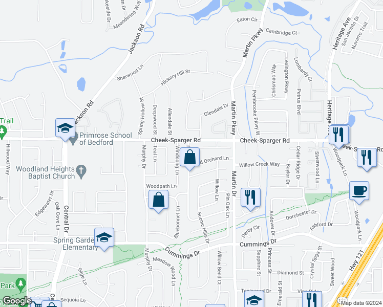 map of restaurants, bars, coffee shops, grocery stores, and more near 3716 Pecan Circle in Bedford