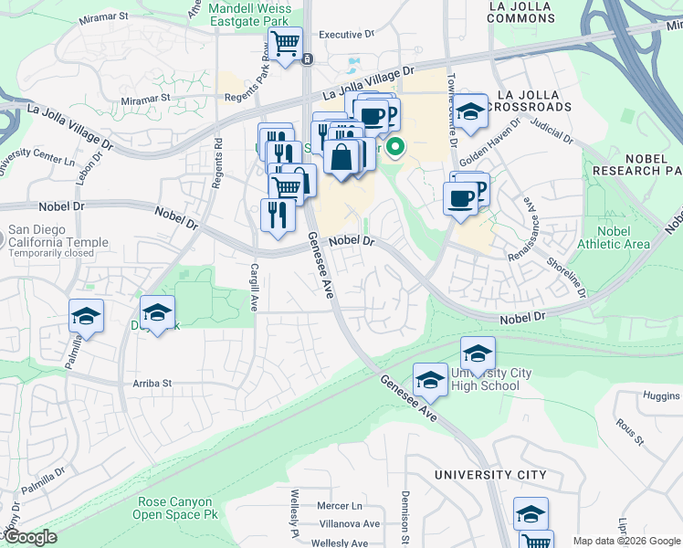 map of restaurants, bars, coffee shops, grocery stores, and more near 4337 Nobel Drive in San Diego