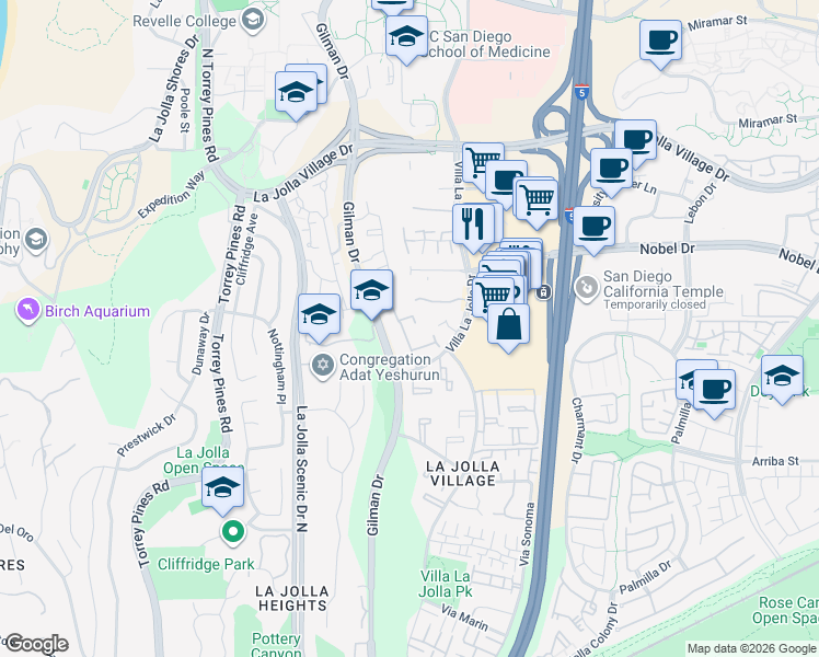 map of restaurants, bars, coffee shops, grocery stores, and more near 8594 Villa La Jolla Drive in San Diego