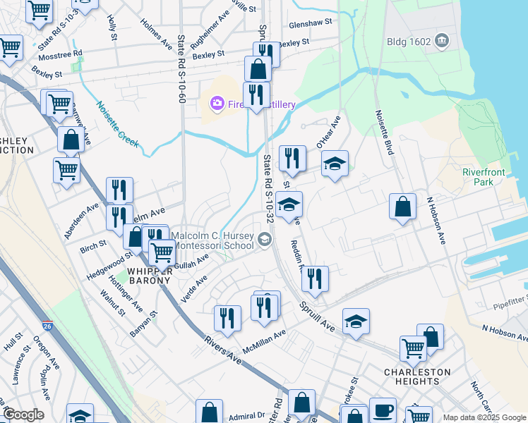 map of restaurants, bars, coffee shops, grocery stores, and more near 4040 Deodar Lane in North Charleston