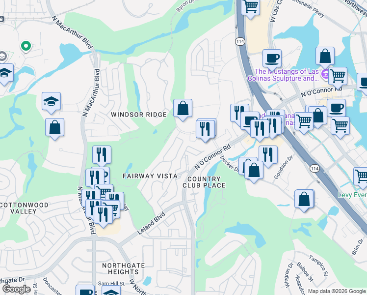 map of restaurants, bars, coffee shops, grocery stores, and more near 4813 North O'Connor Road in Irving