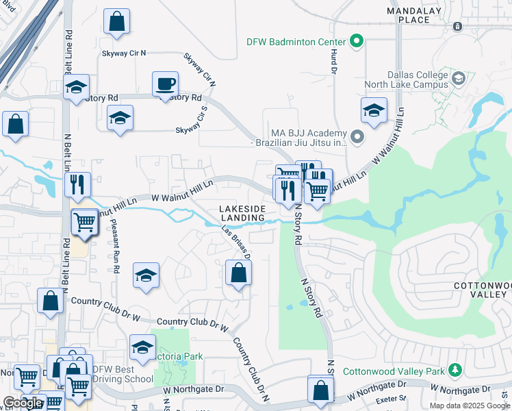 map of restaurants, bars, coffee shops, grocery stores, and more near 2400 Northlake Court in Irving