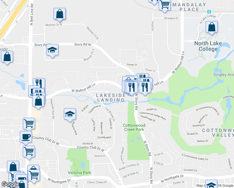 map of restaurants, bars, coffee shops, grocery stores, and more near 2400 Northlake Court in Irving