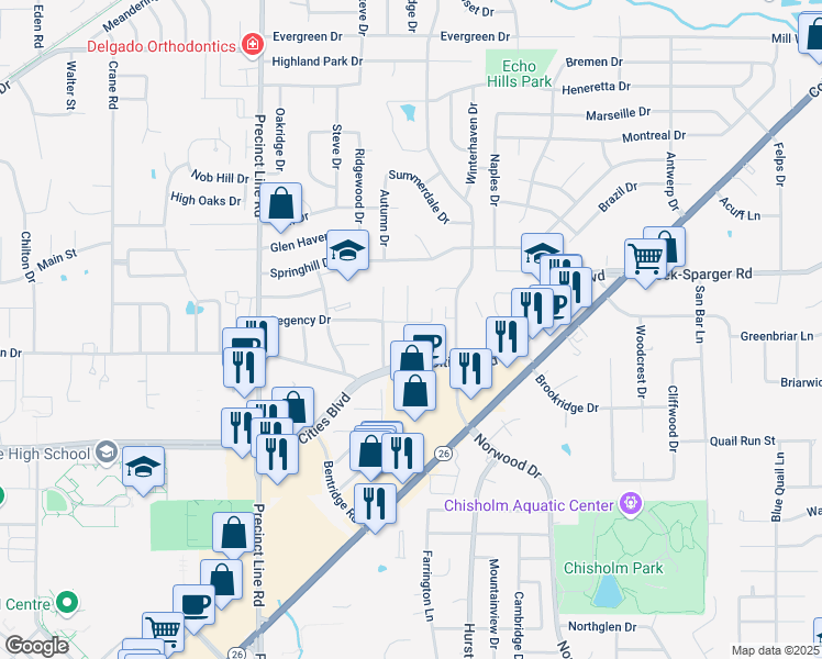 map of restaurants, bars, coffee shops, grocery stores, and more near 600 Mid Cities Boulevard in Hurst