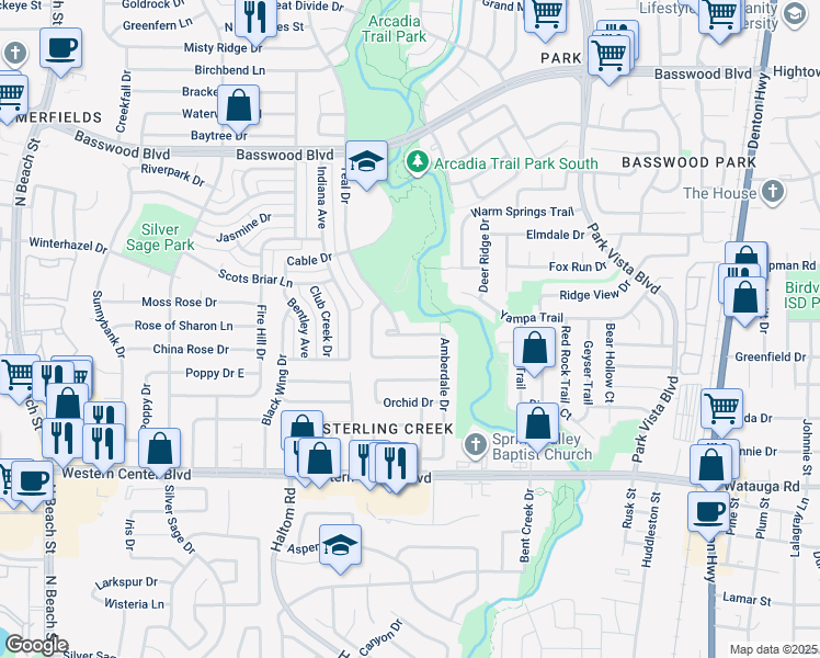 map of restaurants, bars, coffee shops, grocery stores, and more near 4929 Glenscape Trail in Fort Worth