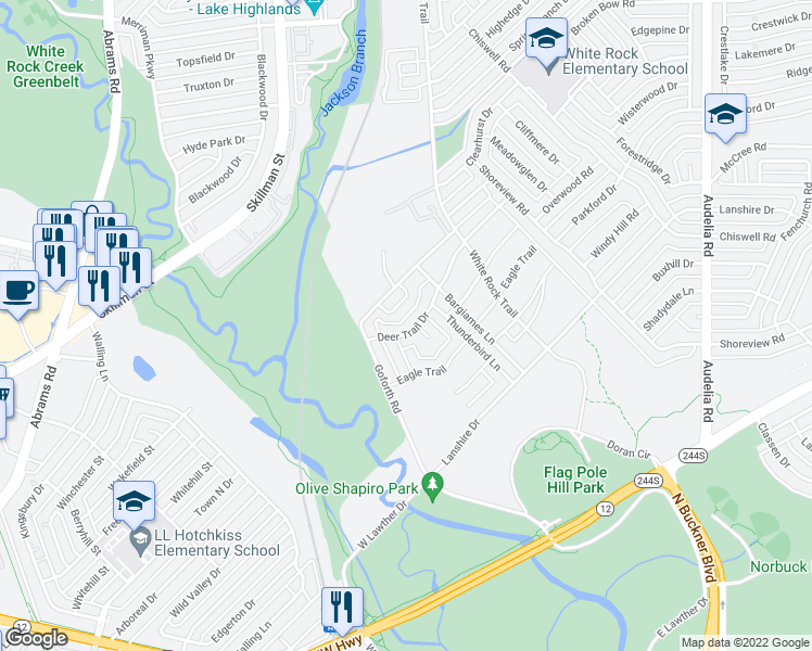 map of restaurants, bars, coffee shops, grocery stores, and more near 8727 Fawn Drive in Dallas