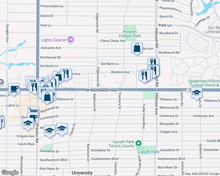 map of restaurants, bars, coffee shops, grocery stores, and more near 8343 Douglas Avenue in Dallas