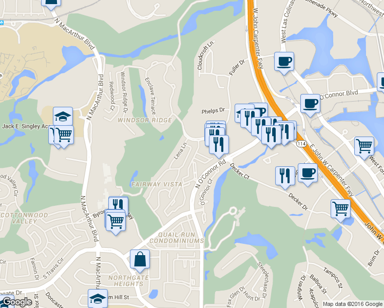 map of restaurants, bars, coffee shops, grocery stores, and more near 4813 North O'Connor Road in Irving