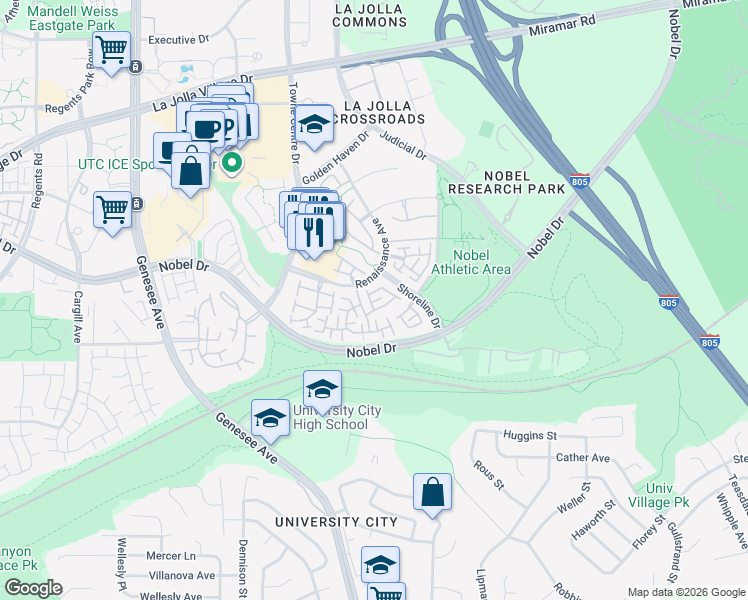 map of restaurants, bars, coffee shops, grocery stores, and more near 7285 Calabria Court in San Diego