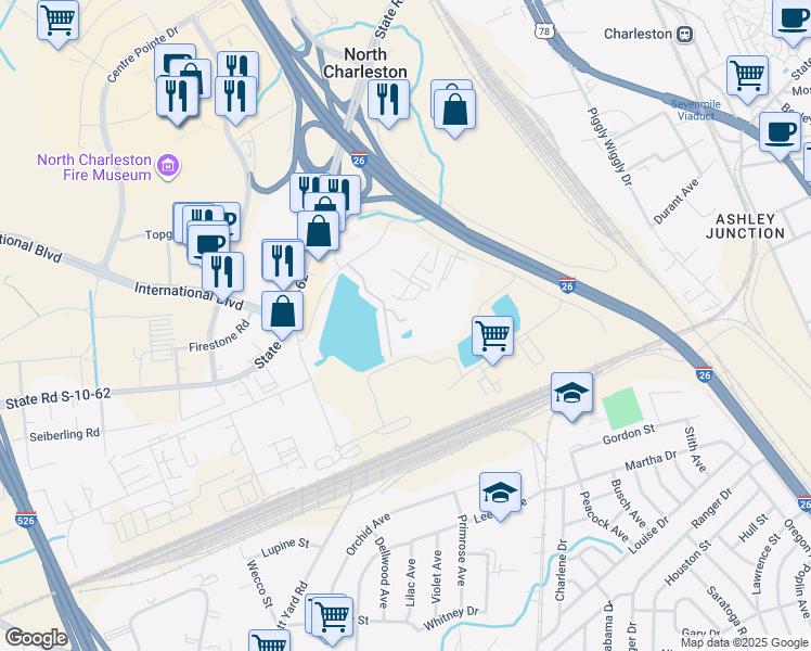 map of restaurants, bars, coffee shops, grocery stores, and more near 4926 Date Palm Drive in North Charleston