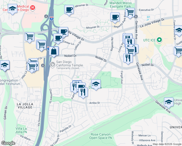 map of restaurants, bars, coffee shops, grocery stores, and more near 8232 Regents Road in San Diego