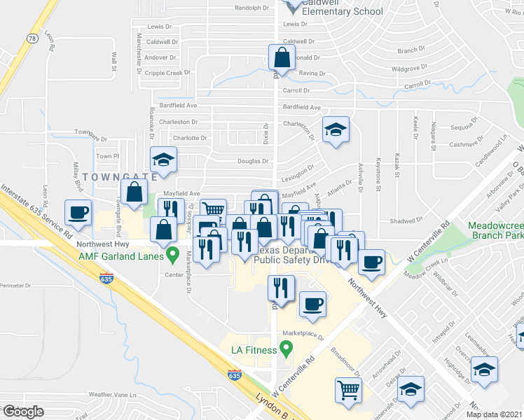 map of restaurants, bars, coffee shops, grocery stores, and more near 1418 Mayfield Avenue in Garland