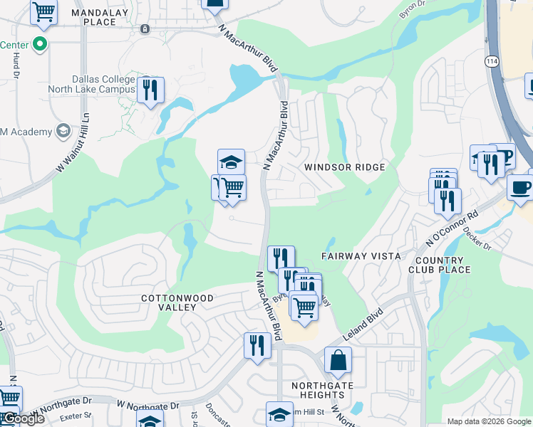 map of restaurants, bars, coffee shops, grocery stores, and more near 4401 North MacArthur Boulevard in Irving
