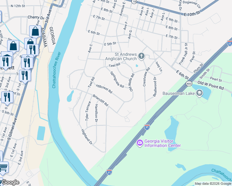 map of restaurants, bars, coffee shops, grocery stores, and more near 119 Hillcrest Road in West Point