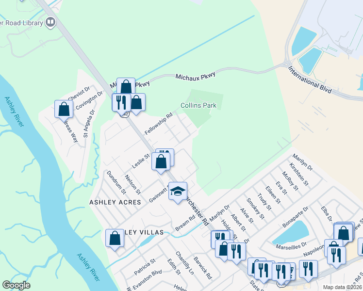 map of restaurants, bars, coffee shops, grocery stores, and more near 4235 Big Ben Court in North Charleston