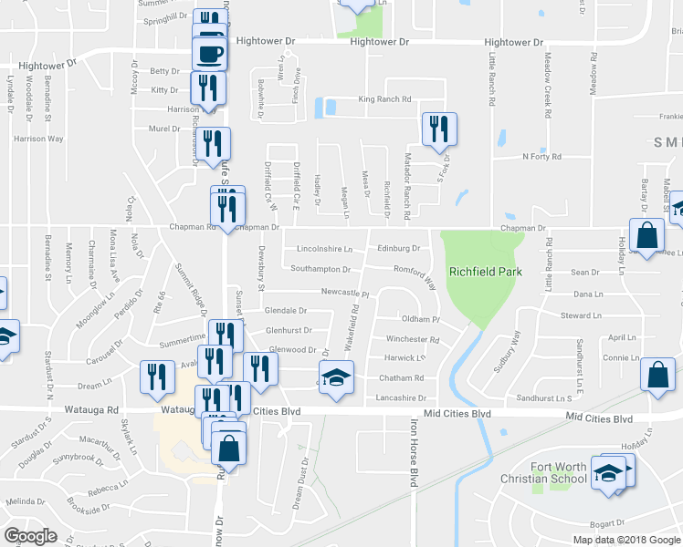 map of restaurants, bars, coffee shops, grocery stores, and more near 7017 Southampton Drive in North Richland Hills