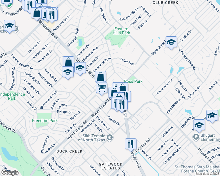 map of restaurants, bars, coffee shops, grocery stores, and more near 1606 Apache Drive in Garland