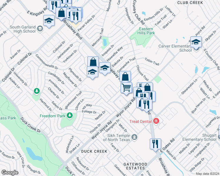 map of restaurants, bars, coffee shops, grocery stores, and more near 4017 Random Circle in Garland