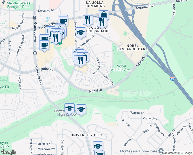 map of restaurants, bars, coffee shops, grocery stores, and more near 5212 Renaissance Avenue in San Diego
