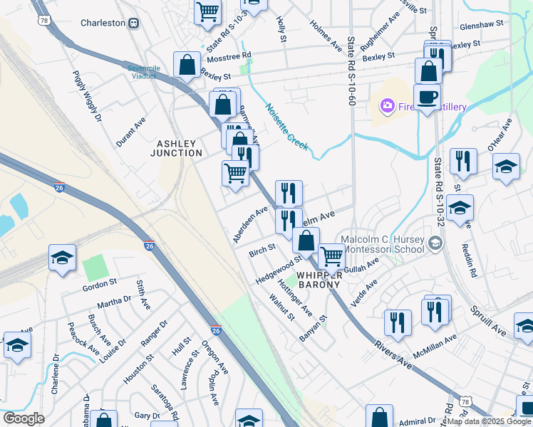 map of restaurants, bars, coffee shops, grocery stores, and more near 4081 U.S. 78 in North Charleston