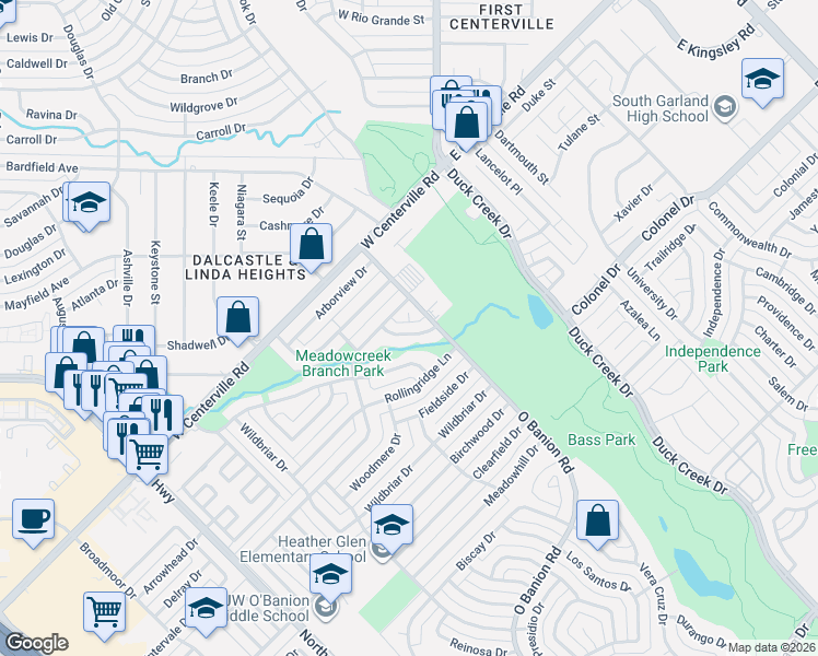 map of restaurants, bars, coffee shops, grocery stores, and more near 4320 O Banion Road in Garland