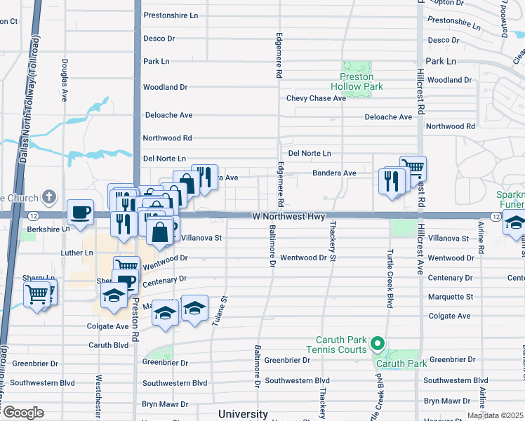 map of restaurants, bars, coffee shops, grocery stores, and more near 8528 Baltimore Drive in Dallas
