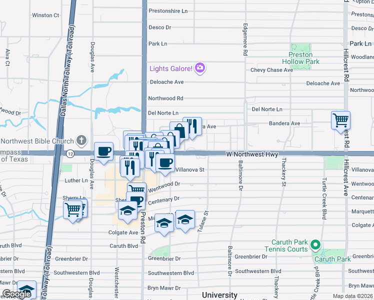 map of restaurants, bars, coffee shops, grocery stores, and more near 6143 Averill Way in Dallas