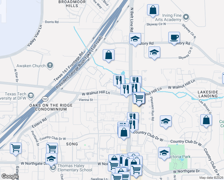 map of restaurants, bars, coffee shops, grocery stores, and more near 3503 West Walnut Hill Lane in Irving