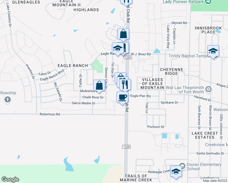 map of restaurants, bars, coffee shops, grocery stores, and more near 7213 Tin Star Drive in Fort Worth