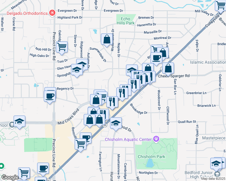 map of restaurants, bars, coffee shops, grocery stores, and more near 2712 Hurstview Drive in Hurst
