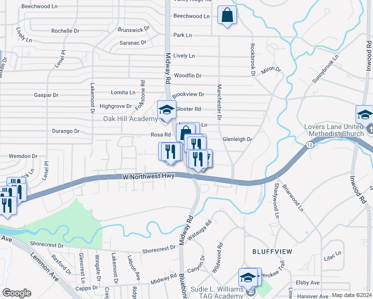 map of restaurants, bars, coffee shops, grocery stores, and more near 4347 N NW Highway 120 # 109 in Dallas