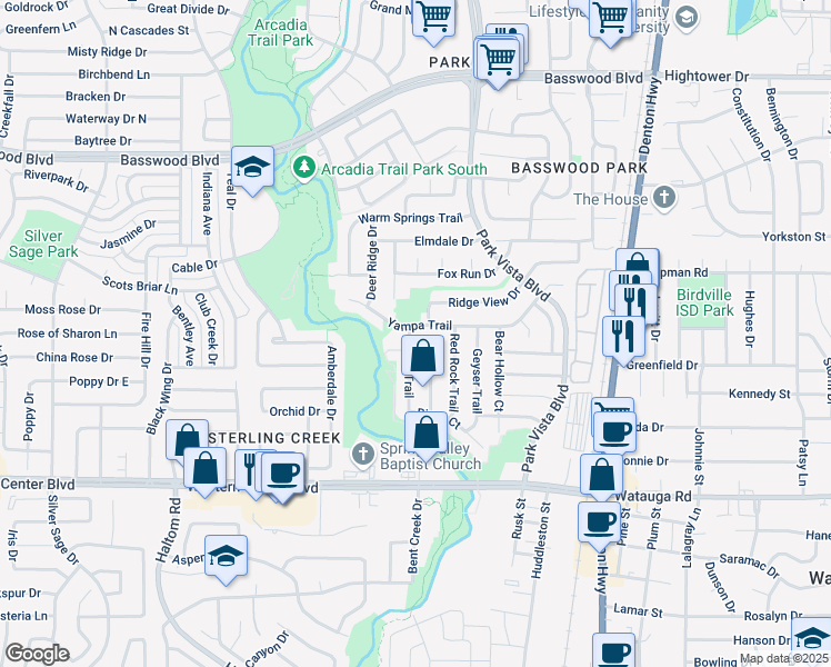 map of restaurants, bars, coffee shops, grocery stores, and more near 5233 Yampa Trail in Watauga