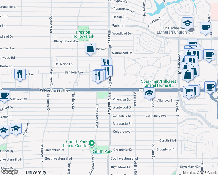 map of restaurants, bars, coffee shops, grocery stores, and more near 6405 Hillcrest Road in Dallas