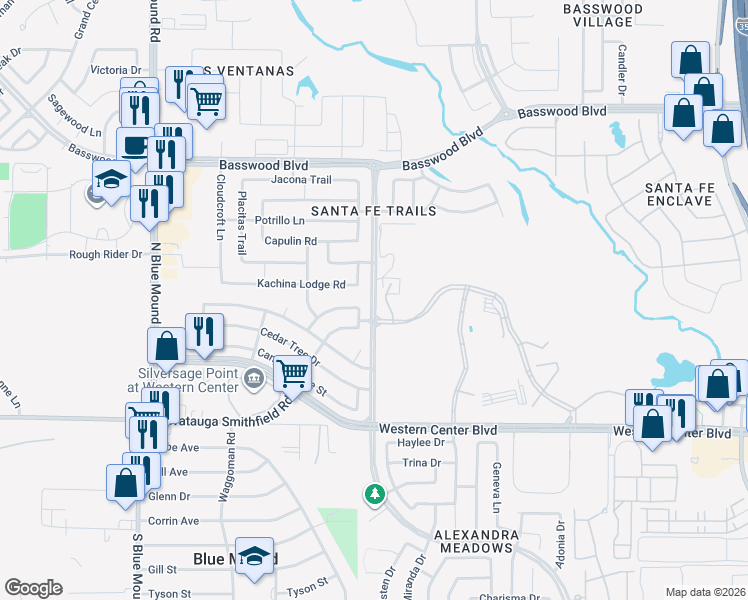 map of restaurants, bars, coffee shops, grocery stores, and more near Robert W Downing Road in Fort Worth