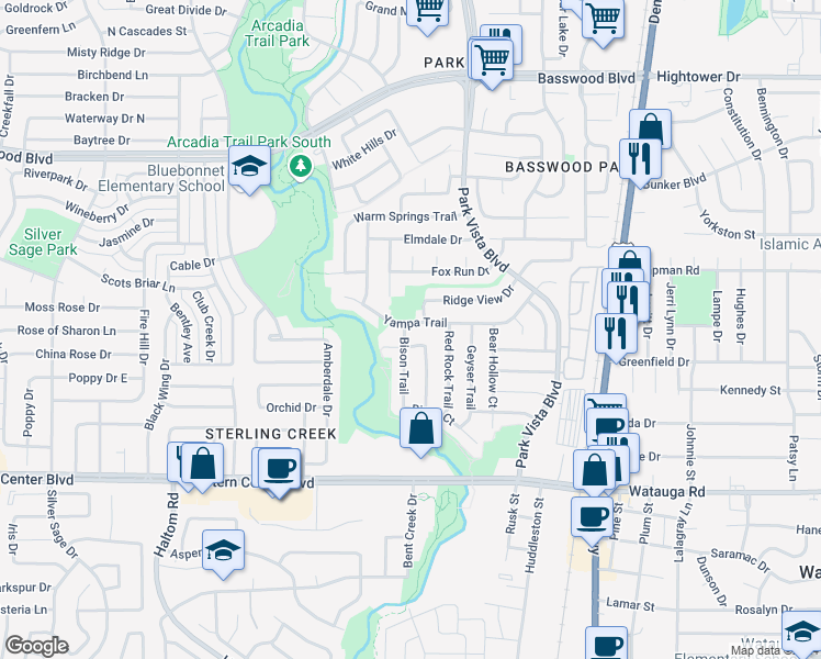 map of restaurants, bars, coffee shops, grocery stores, and more near 5300 Yampa Trail in Watauga