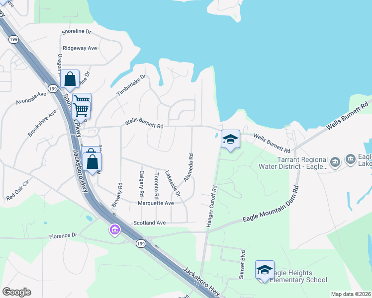 map of restaurants, bars, coffee shops, grocery stores, and more near 640 Alameda Road in Azle