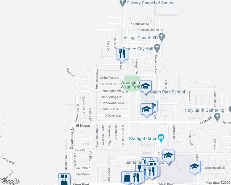 map of restaurants, bars, coffee shops, grocery stores, and more near 10125 Woodglen Vista Drive in Santee