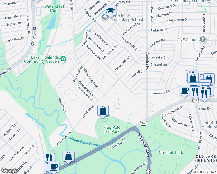 map of restaurants, bars, coffee shops, grocery stores, and more near 9227 Lanshire Drive in Dallas