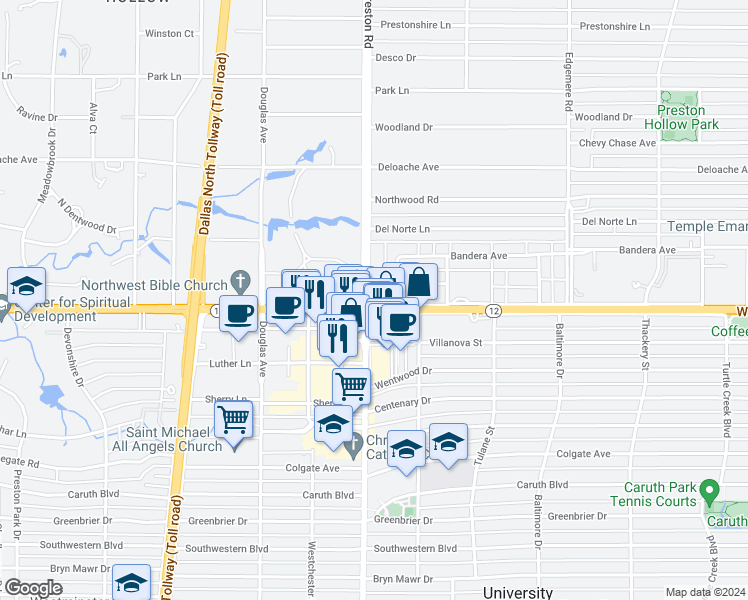 map of restaurants, bars, coffee shops, grocery stores, and more near 8502 Preston Road in Dallas