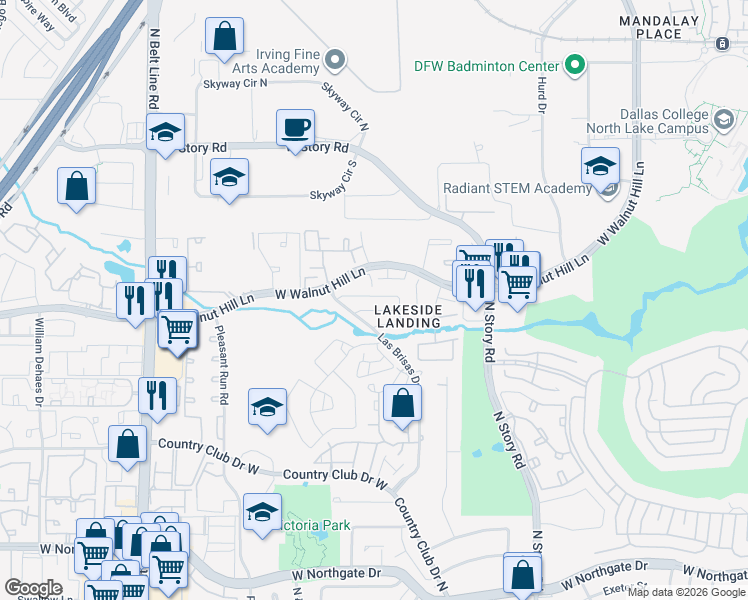 map of restaurants, bars, coffee shops, grocery stores, and more near 4405 Tophill Lane in Irving