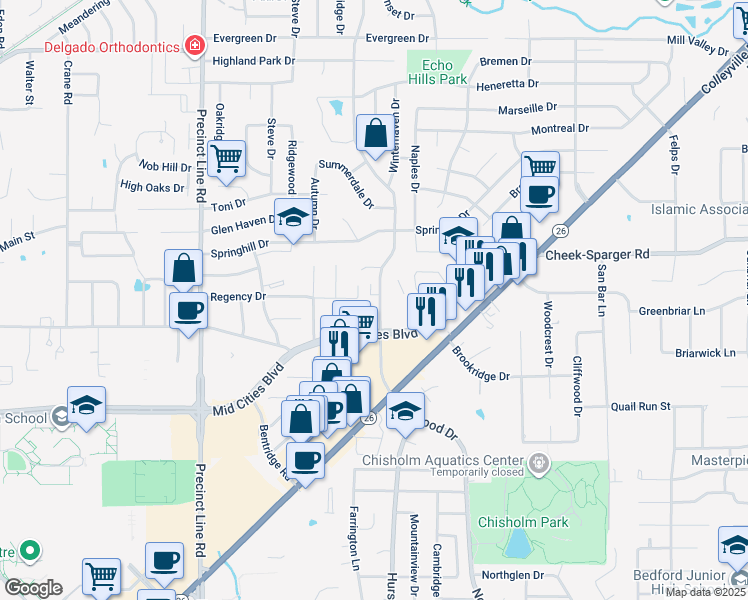 map of restaurants, bars, coffee shops, grocery stores, and more near 2712 Tally Ho Drive in Hurst