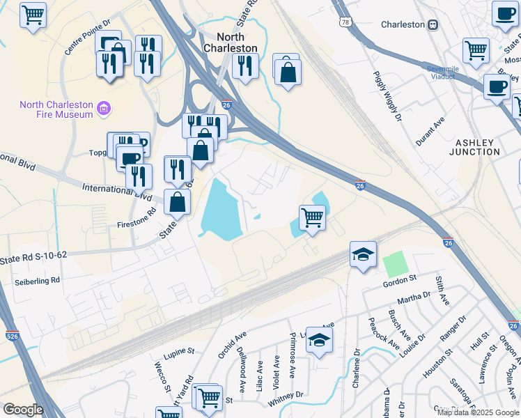 map of restaurants, bars, coffee shops, grocery stores, and more near 4936 Date Palm Drive in North Charleston