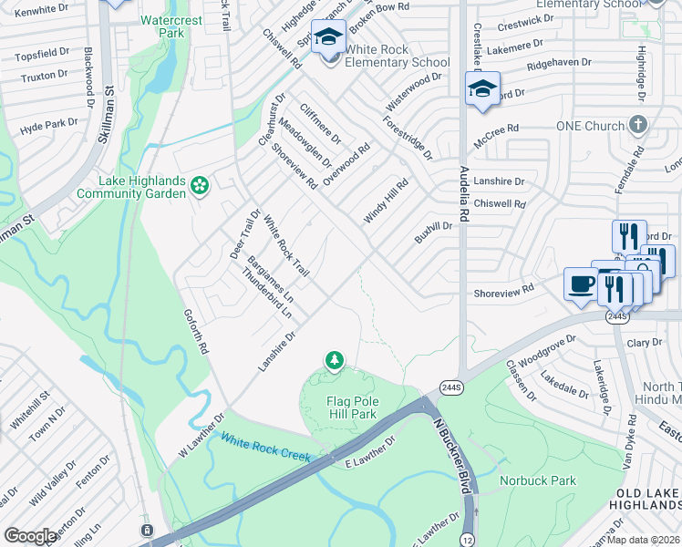 map of restaurants, bars, coffee shops, grocery stores, and more near 9227 Lanshire Drive in Dallas