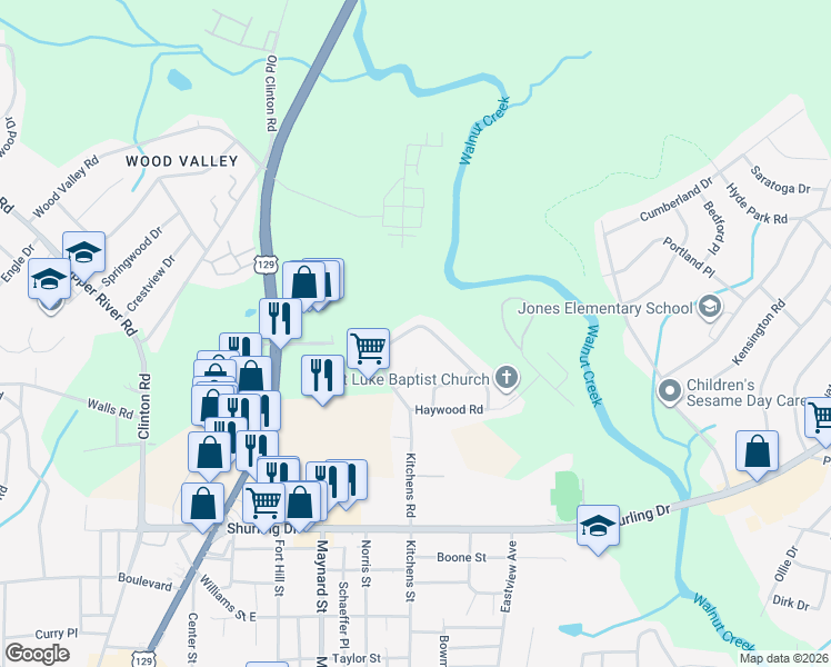 map of restaurants, bars, coffee shops, grocery stores, and more near 1880 Kitchens Road in Macon