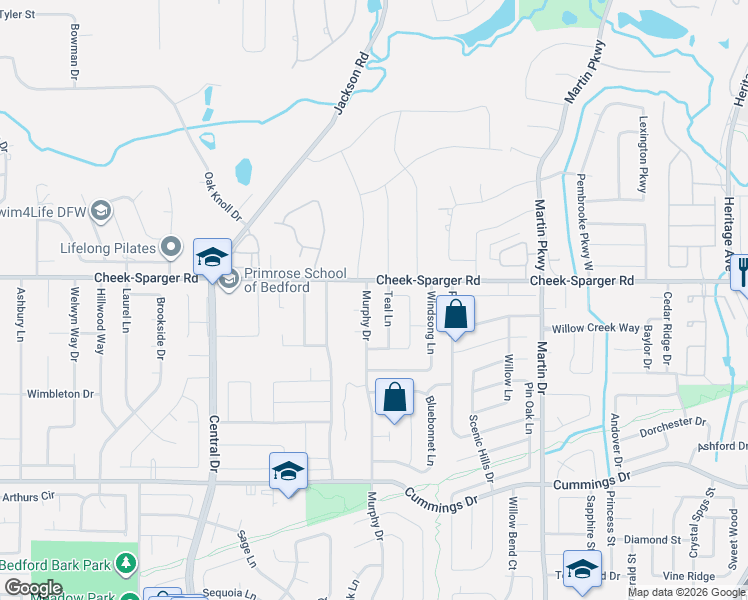 map of restaurants, bars, coffee shops, grocery stores, and more near 3725 Murphy Drive in Bedford